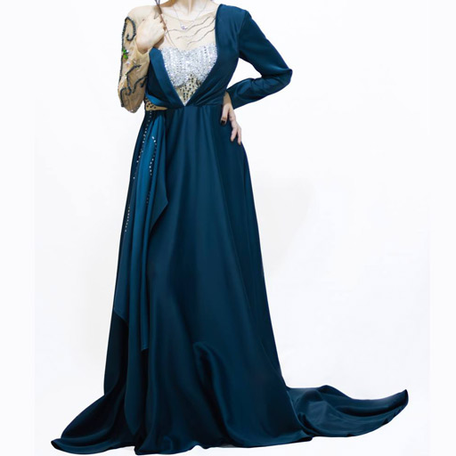 پیراهن مجلسی زنانه گن دوزی و فنرکشی شده جنس ساتن